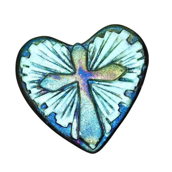 Jeremy Diller signed raku ceramic cross heart iridescent paperweight - Picture 1 of 3
